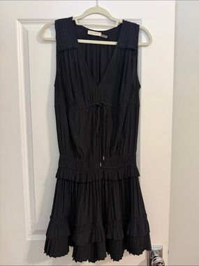 Ramy Brook Black Pleated Ruffle V-Neck Mini Dress